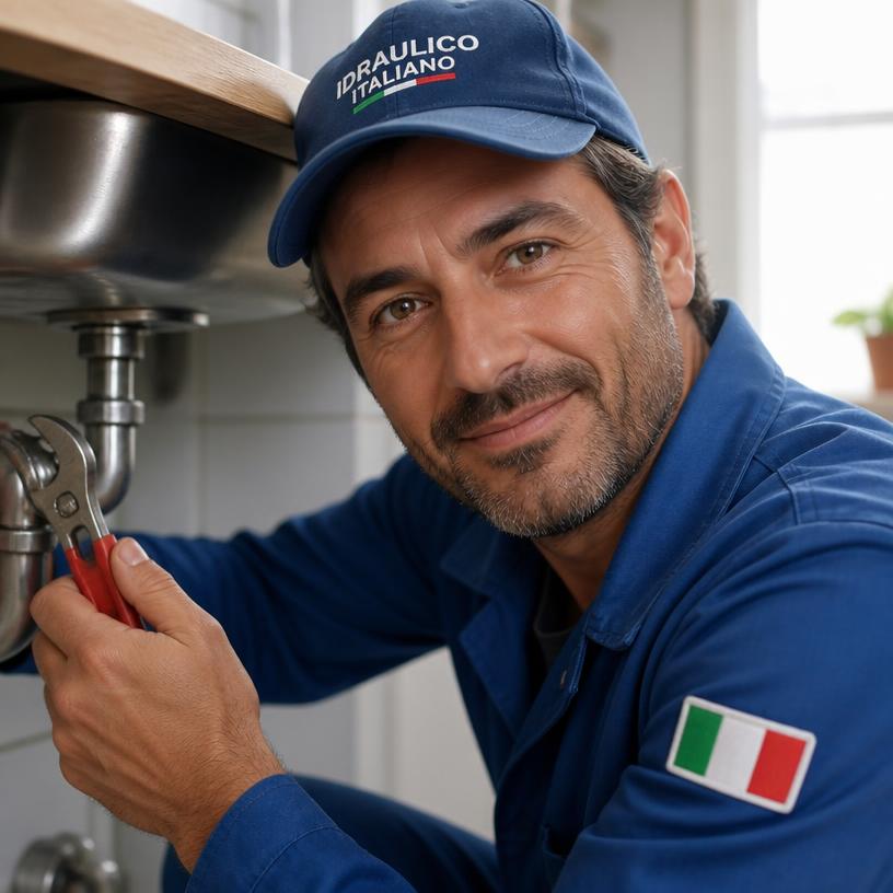 Idraulico al lavoro sotto un lavandino